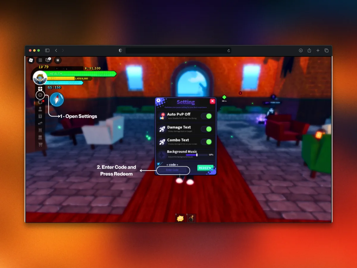 In-game screenshot showing how to redeem Universal Piece codes on Roblox using the menu system