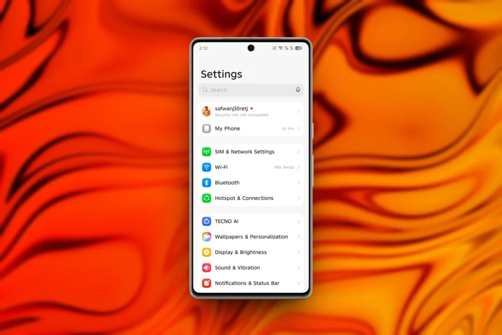 Fix: PUBG Mobile Audio Switches to Phone Speaker When Mic is On (Android Bluetooth Glitch) 8 Android phone main settings menu showing connection options like Bluetooth and Wi-Fi to fix PUBG audio.
