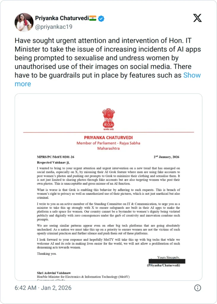 IT Minister to take the issue of increasing incidents of AI apps being prompted to sexualise and undress women by unauthorised use of their images on social media
