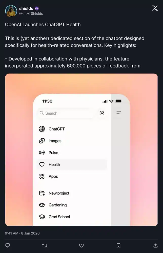 Close-up of the ChatGPT mobile app sidebar showing the 'Health' button located between 'Pulse' and 'Apps.' This screenshot confirms the rollout of the dedicated Health space to early beta users.