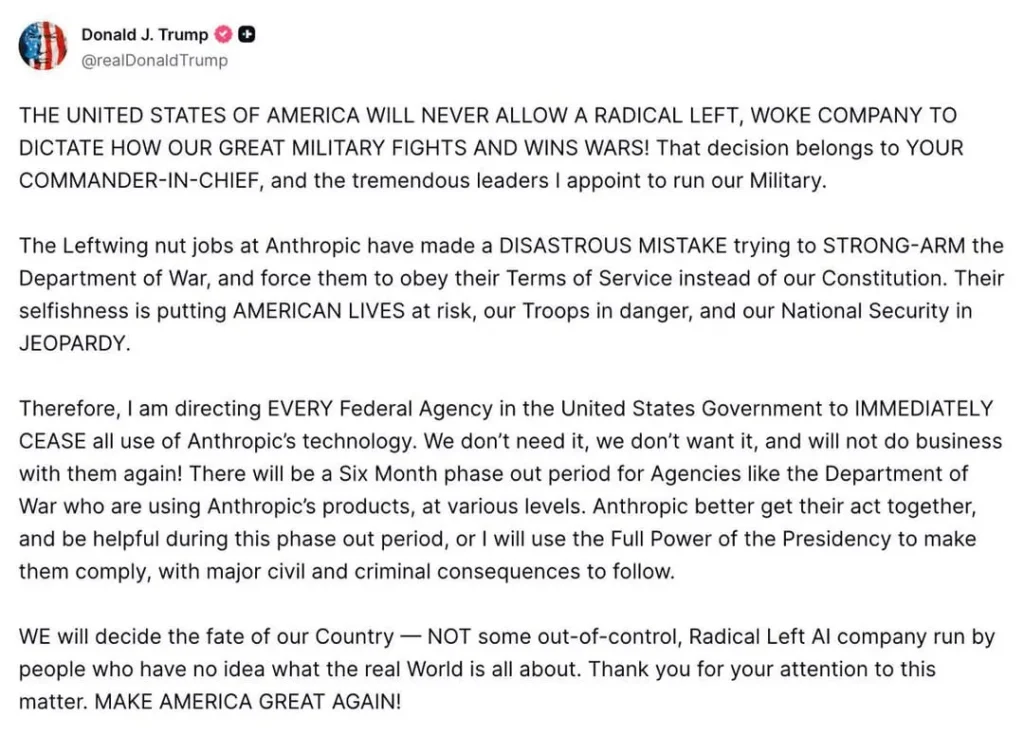 Trump Bans Anthropic From All Federal Agencies as OpenAI Secures Pentagon AI Contract 2 Trump social media post on truth social 2026