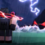 A Roblox character with an upgraded rod facing a giant sea shark boss during a storm in Heavyweight Fishing.