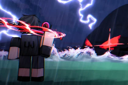 A Roblox character with an upgraded rod facing a giant sea shark boss during a storm in Heavyweight Fishing.