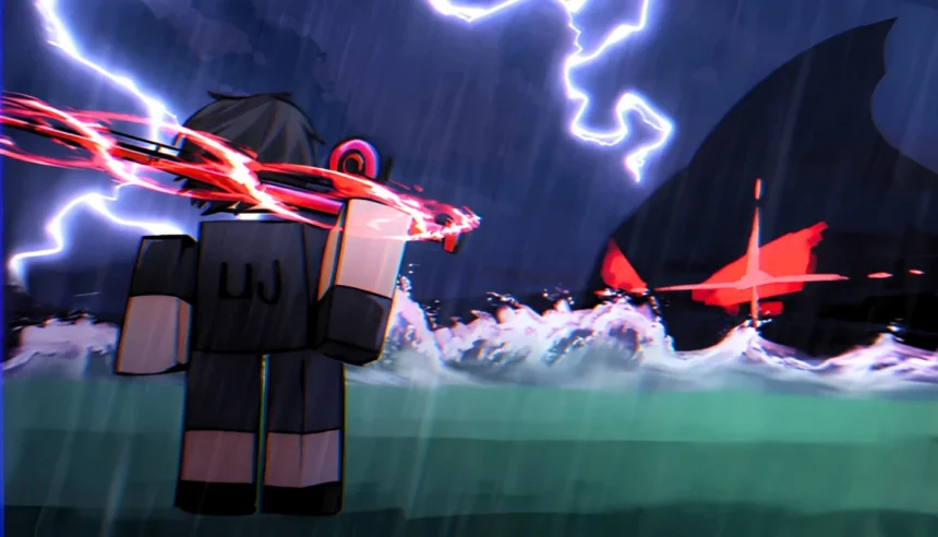 A Roblox character with an upgraded rod facing a giant sea shark boss during a storm in Heavyweight Fishing.