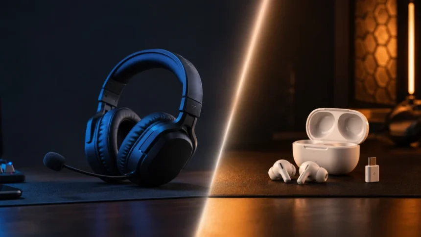 Gaming earbuds vs over ear headsets compared side by side in 2026