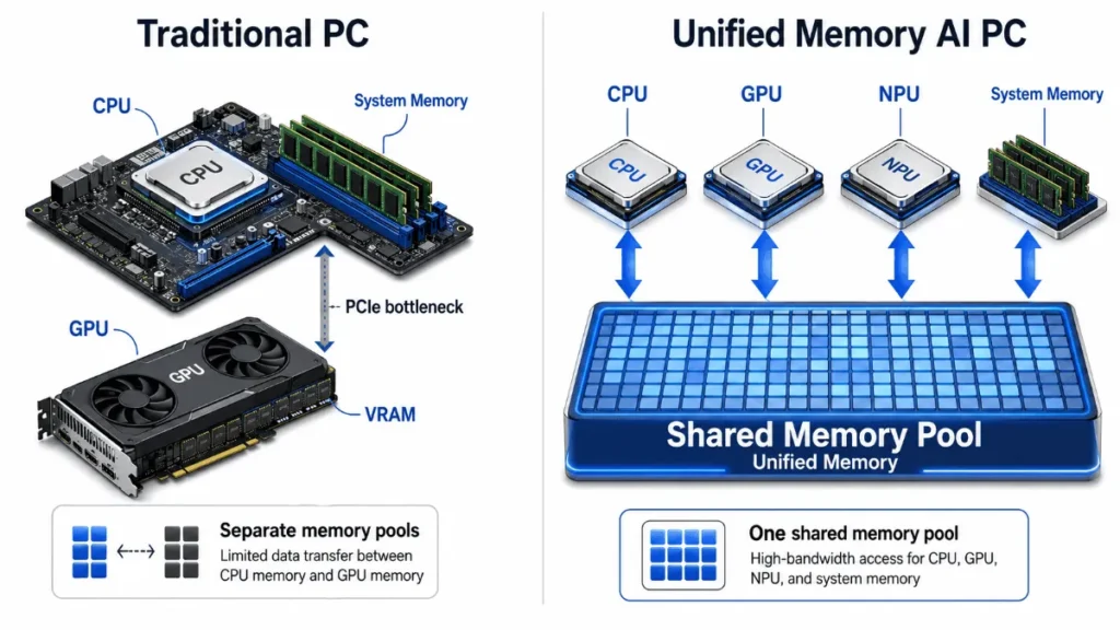 AMD Strix Halo Review: How the 128GB Ryzen AI Max+ 395 Kills the VRAM Wall 4 Architecture diagram showing AMD Strix Halo unified memory vs traditional PCIe bottleneck