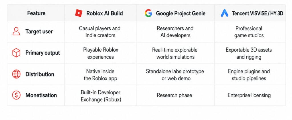 Roblox AI Build: 5 Things It Can Actually Do in 2026 5 Roblox AI Build compared with Google Project Genie and Tencent HY 3D for game creation