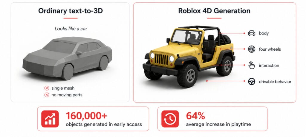 Roblox AI Build: 5 Things It Can Actually Do in 2026 3 Roblox 4D Generation comparing a static 3D car with a drivable vehicle featuring moving wheels