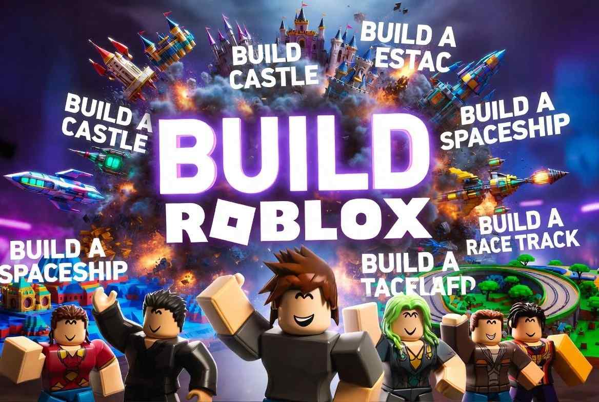 Roblox AI Build creating castles, spaceships and race tracks with customizable game worlds