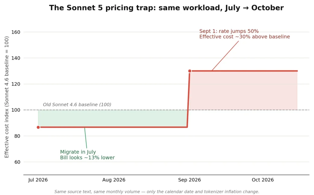 The Claude Sonnet 5 "Discount" That's Actually a 30% Price Hike 3 Line chart showing Claude Sonnet 5 effective cost index from July to October 2026, dropping about 13% below the Sonnet 4.6 baseline during intro pricing, then jumping to roughly 30% above baseline after the September 1 rate increase