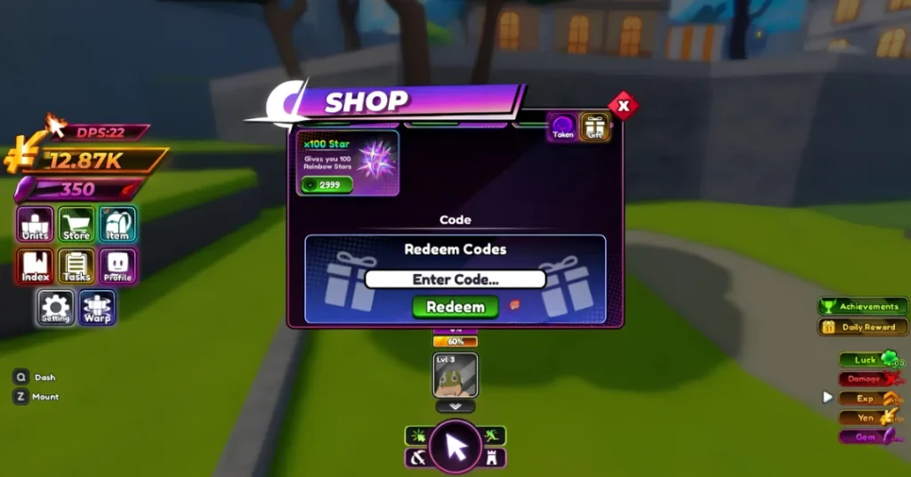 Store button highlighted on the left-side menu in Anime Conquest Simulator, above the Units and Item icons