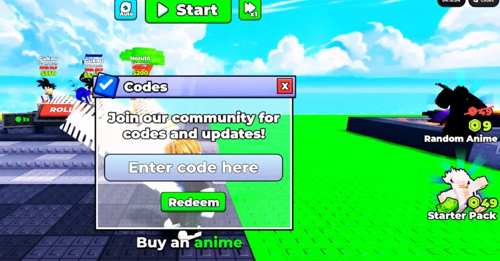 Codes button and redeem box in Roblox Defend ur Base With Anime