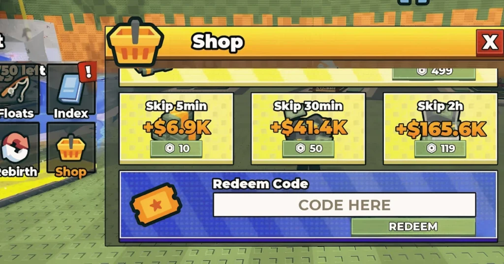 The Ultimate List of Pull a Lucky Fish Codes (August 2026) 2 Redeem Code box in the Roblox Pull a Lucky Fish Shop menu